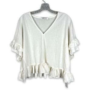 NWT bishop + young, white flutter sleeve, v neck shirt size small